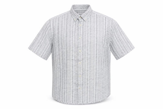 Front view of Easy Men's Grey Striped Short Sleeve Shirt L