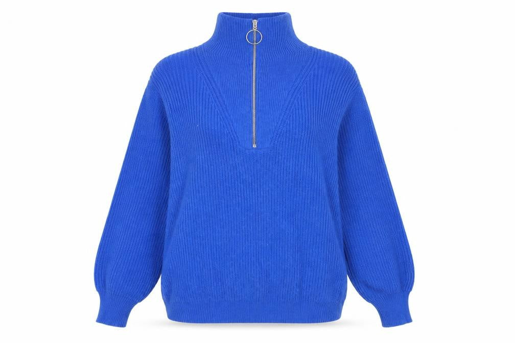 Front view of Kilky Paris Women's Blue Mock Neck Full Zip Jumper