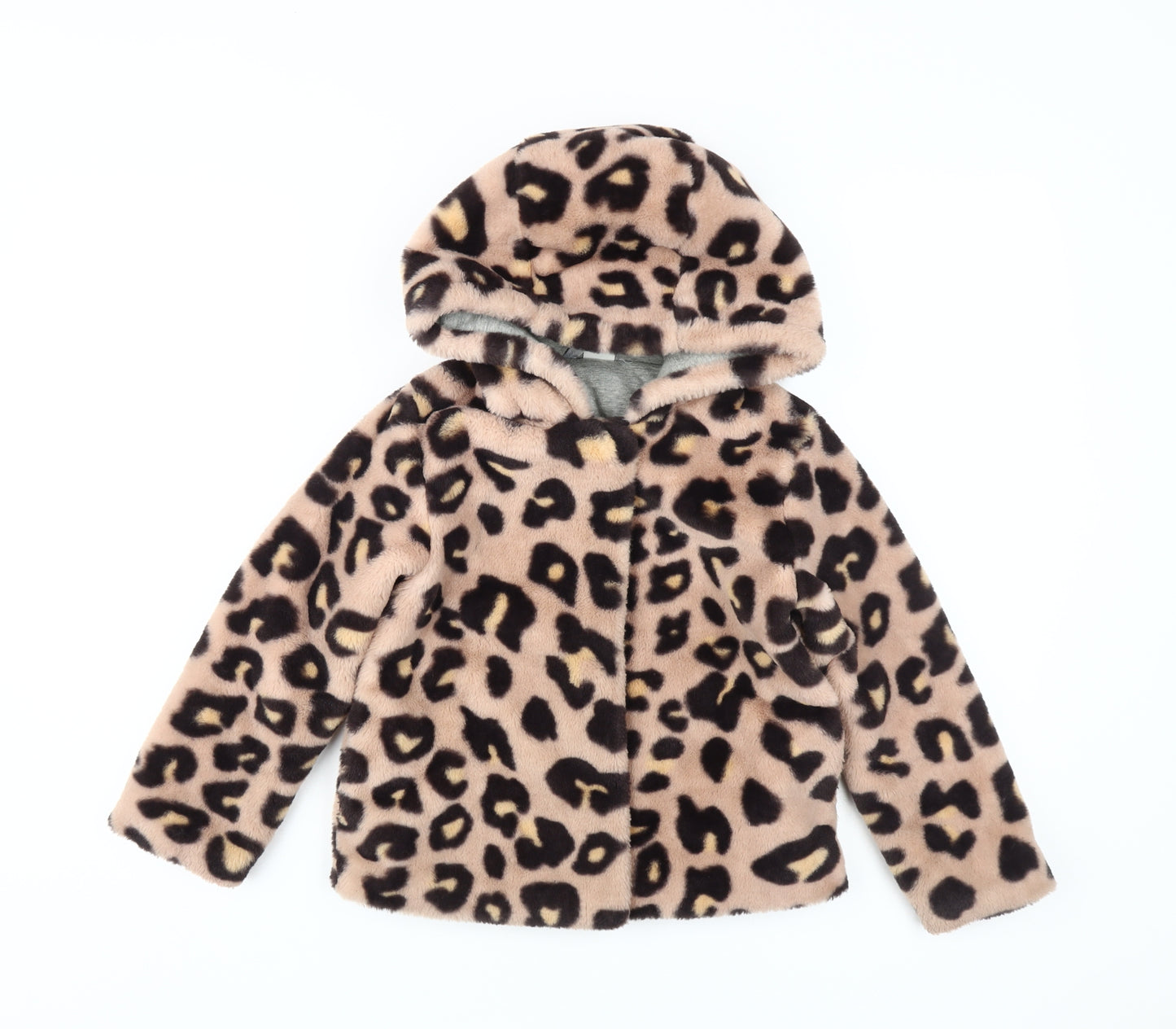Next Girls Brown Faux Fur Animal Print Hooded Puffer Jacket 5-6 Years