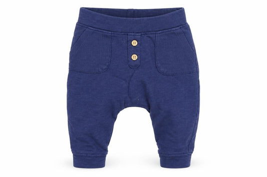 Front view of Baby Boden Blue unisex baby trousers 0-3m elastic waist
