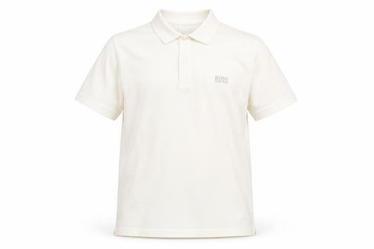 Front view of Hugo Boss boys’ white polo shirt xs short sleeve logo