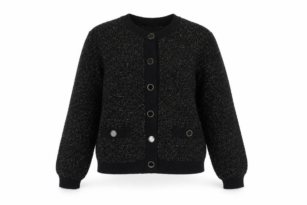 Front view of ET VOUS Women's Black Cardigan, size 12, Crew Neck
