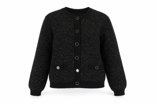 Front view of ET VOUS Women's Black Cardigan, size 12, Crew Neck