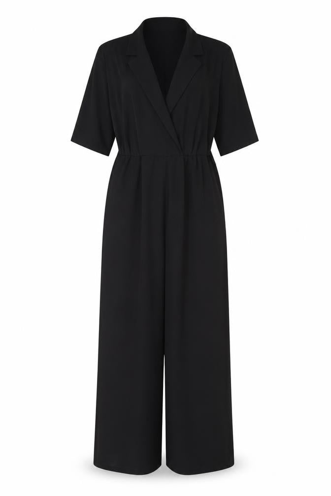 Front view of Weekday Women's Black Jumpsuit, size 8, Wide-Leg, Collared