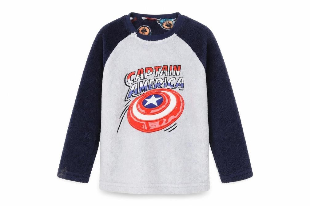 Front view of Marvel boys’ grey navy captain america pullover sweatshirt, 6 years