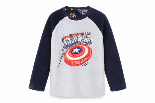 Front view of Marvel boys’ grey navy captain america pullover sweatshirt, 6 years