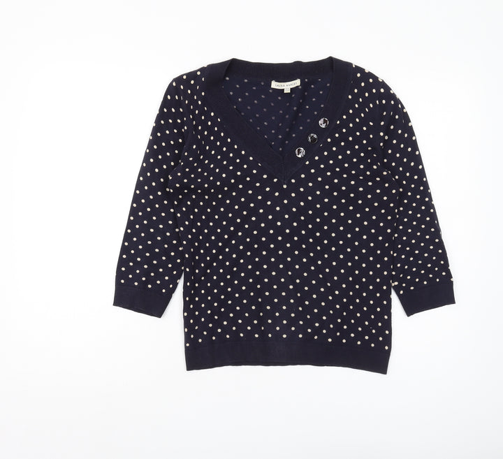 Laura Ashley Women's Blue Polka Dot V-Neck Jumper Size 10