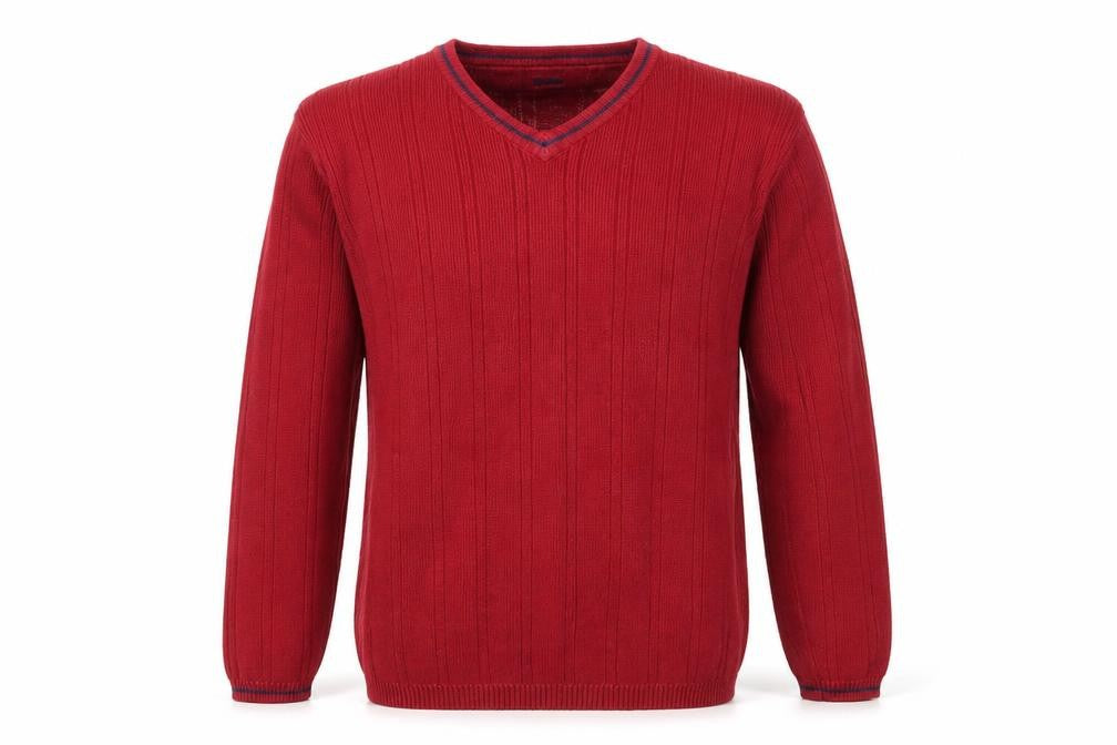 Front view of Guise Men's Red V-Neck jumper, size S