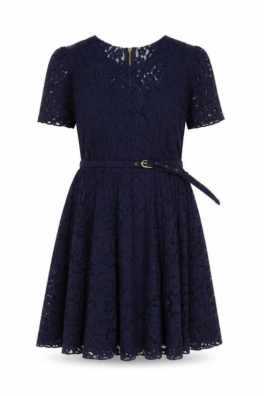 Front view of Whistles Women's Blue A-Line Lace Knee Length Dress, size 10