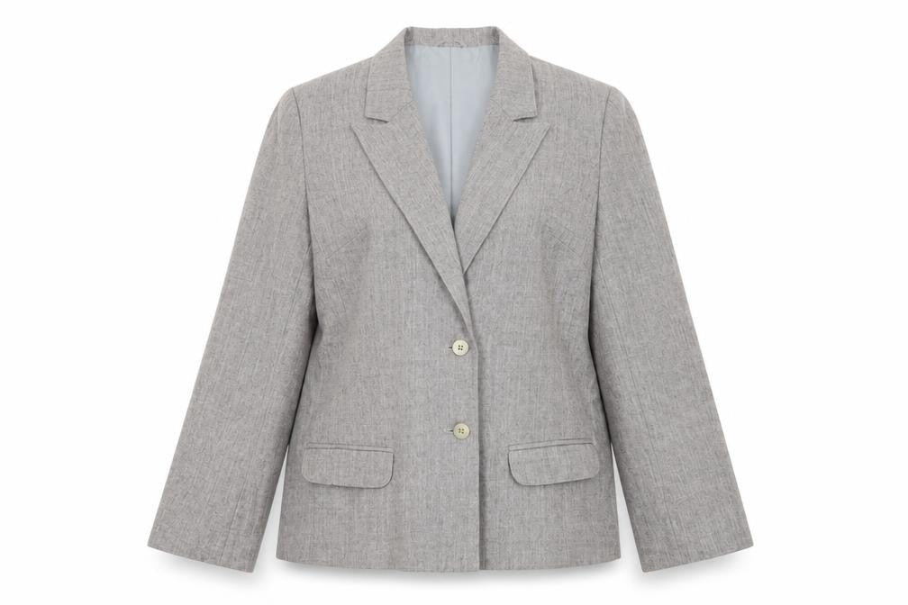 Front view of Edinburgh Women's Grey Wool Blazer, size 14, UK