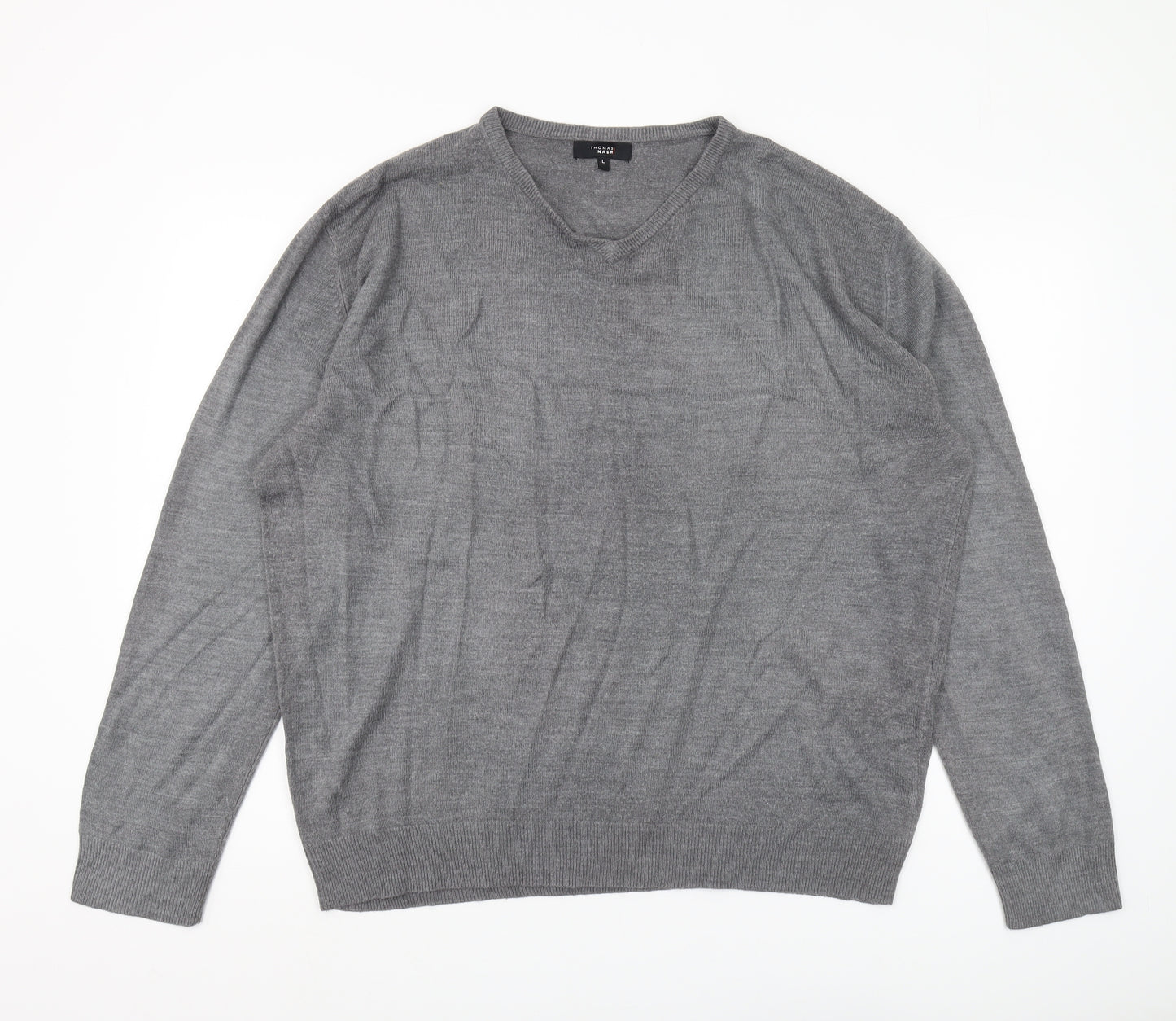 Thomas Nash Men's Grey Wool V-Neck Pullover Jumper L