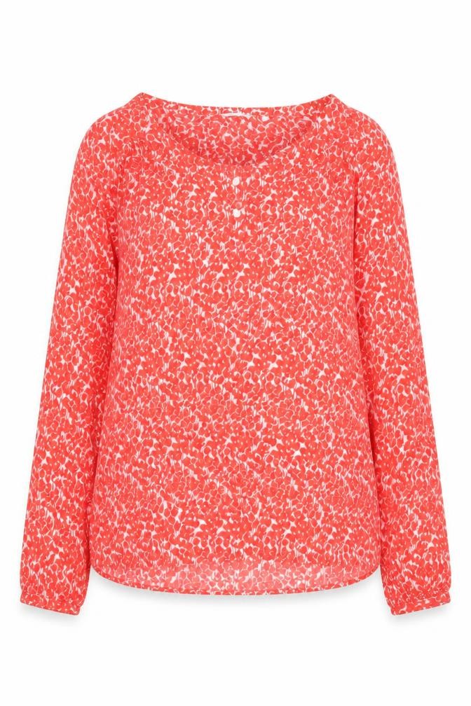 Front view of Dockers Women's Red Floral Blouse, Small, Long Sleeve