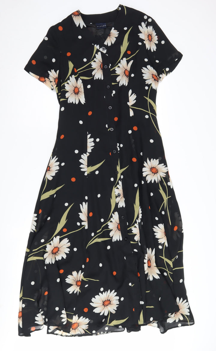 Alexon Women's Black Floral Midi A-Line Dress Size 10