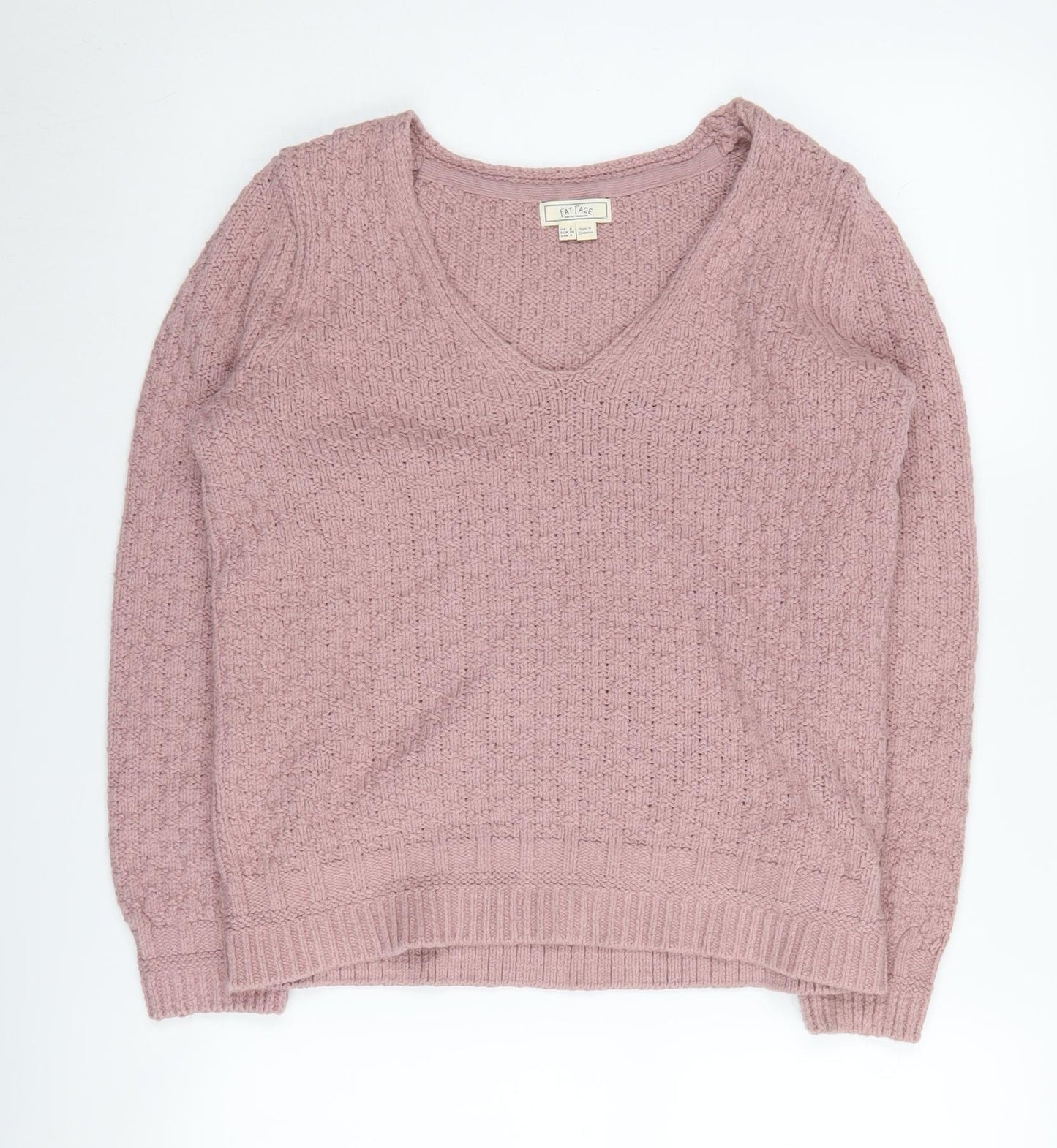 Fat Face Women's Pink V-Neck Knitted Pullover, Size 8