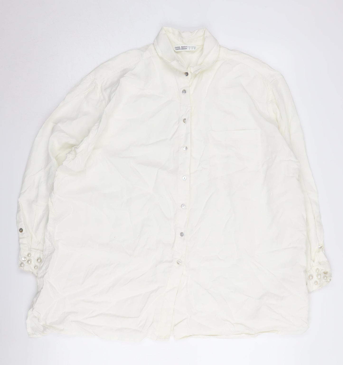 Zara Women White Button-Up Shirt M Collared Cotton