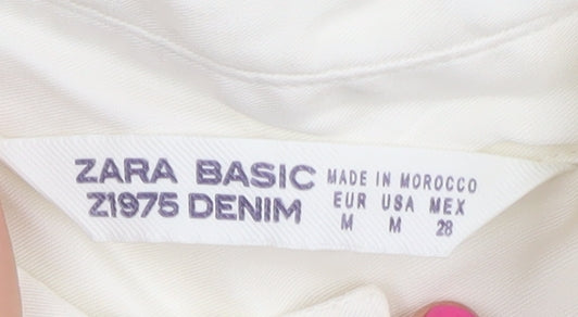 Zara Women White Button-Up Shirt M Collared Cotton