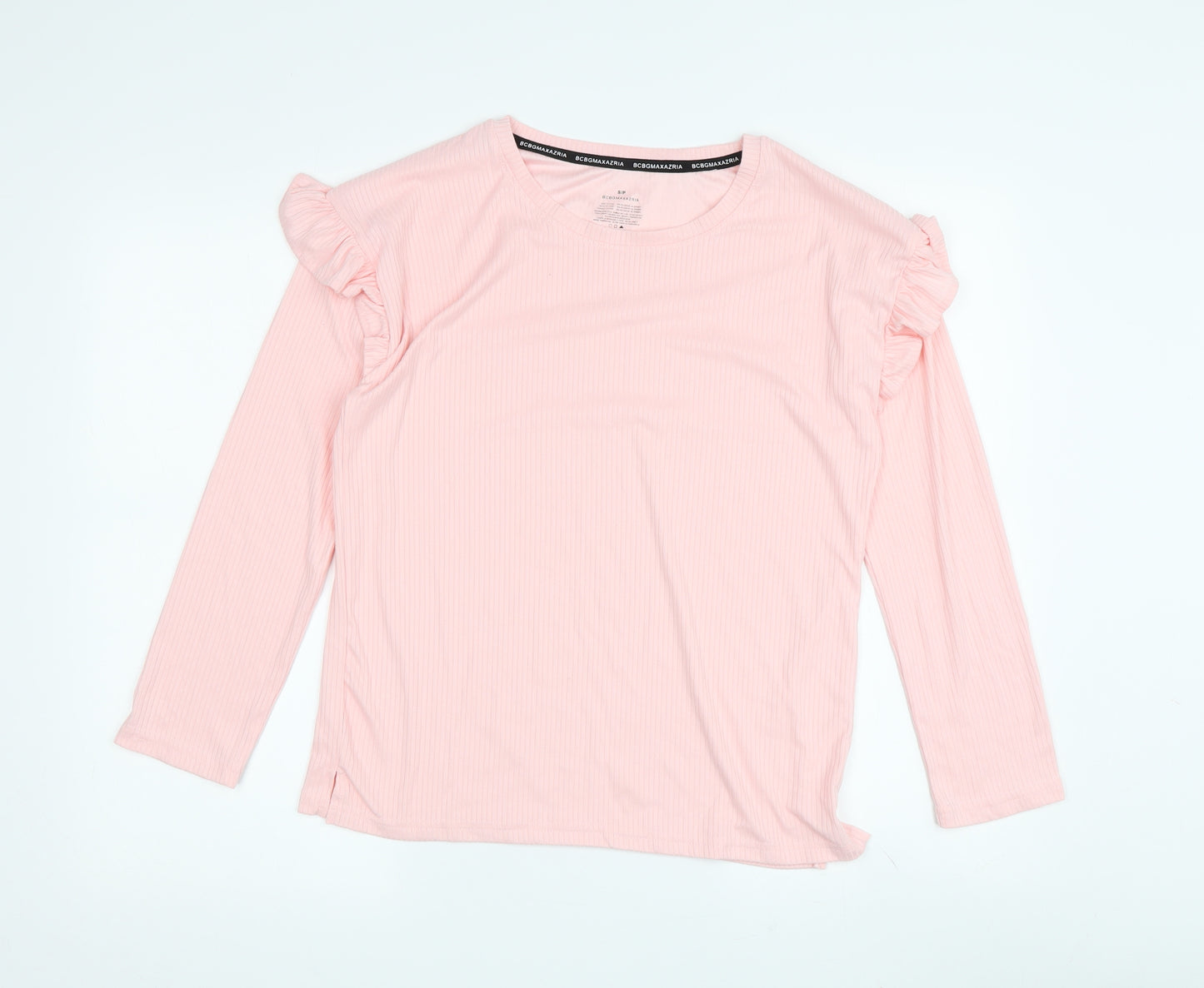 BCBGMAXAZRIA Women's Pink Ruffle Long Sleeve T-Shirt