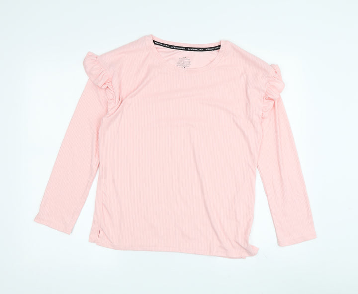 BCBGMAXAZRIA Women's Pink Ruffle Long Sleeve T-Shirt