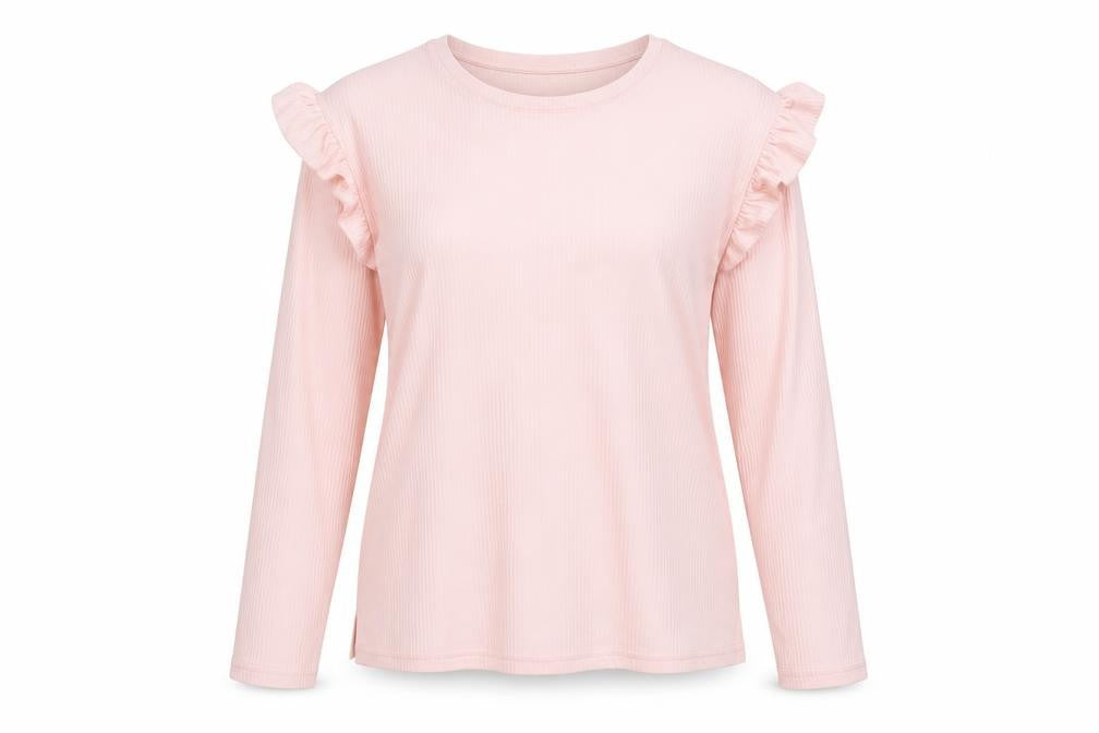 Front view of BCBGMAXAZRIA Women's Pink Ruffle Long Sleeve T-Shirt
