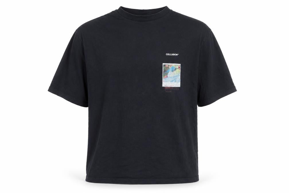 Front view of Collusion Men’s Black Graphic Print T-Shirt, M