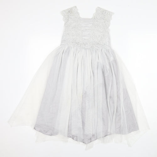 Monsoon Girls White Long A-Line Dress with Lace and Bow
