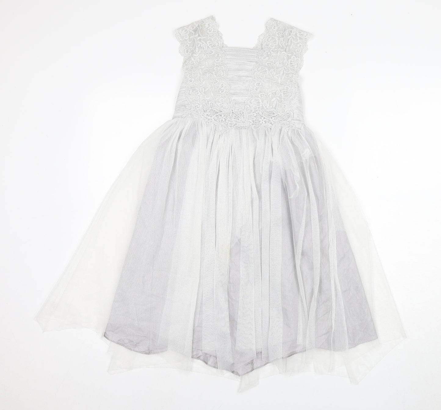 Monsoon Girls White Long A-Line Dress with Lace and Bow
