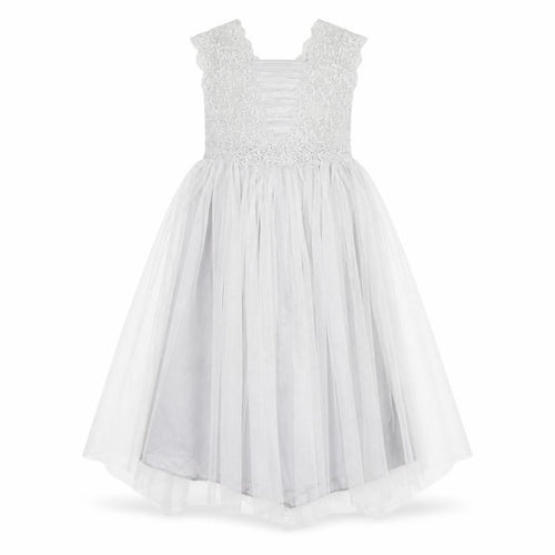 Monsoon Girls White Long A-Line Dress with Lace and Bow