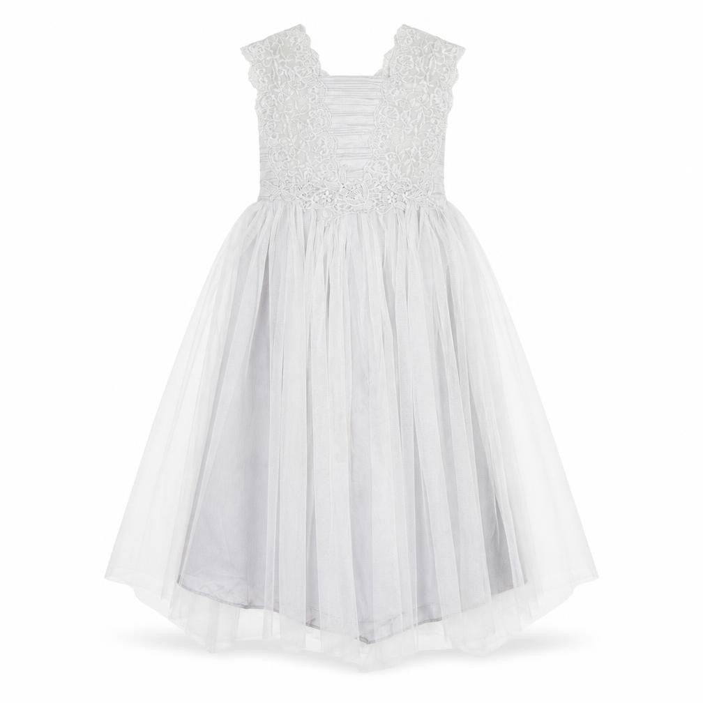 Monsoon Girls White Long A-Line Dress with Lace and Bow