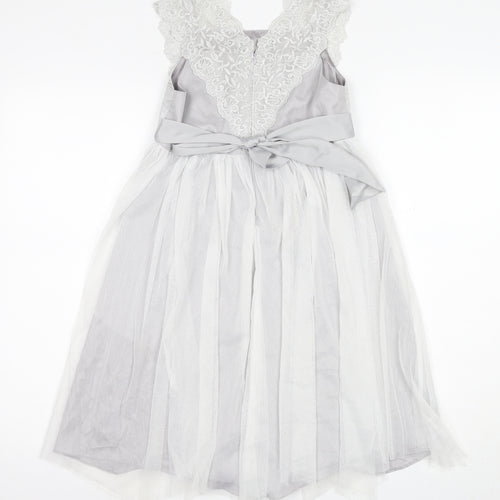 Monsoon Girls White Long A-Line Dress with Lace and Bow