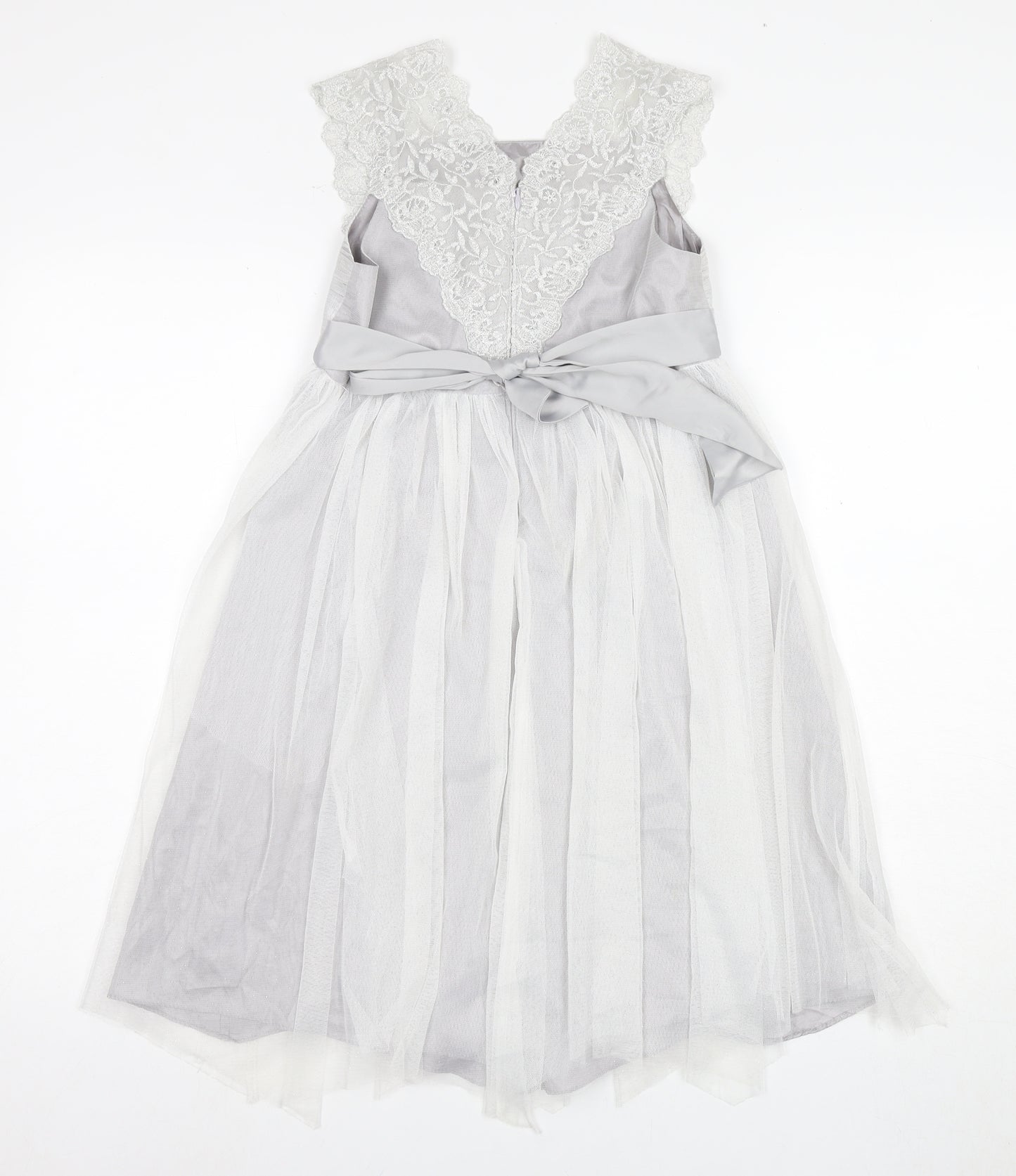Monsoon Girls White Long A-Line Dress with Lace and Bow