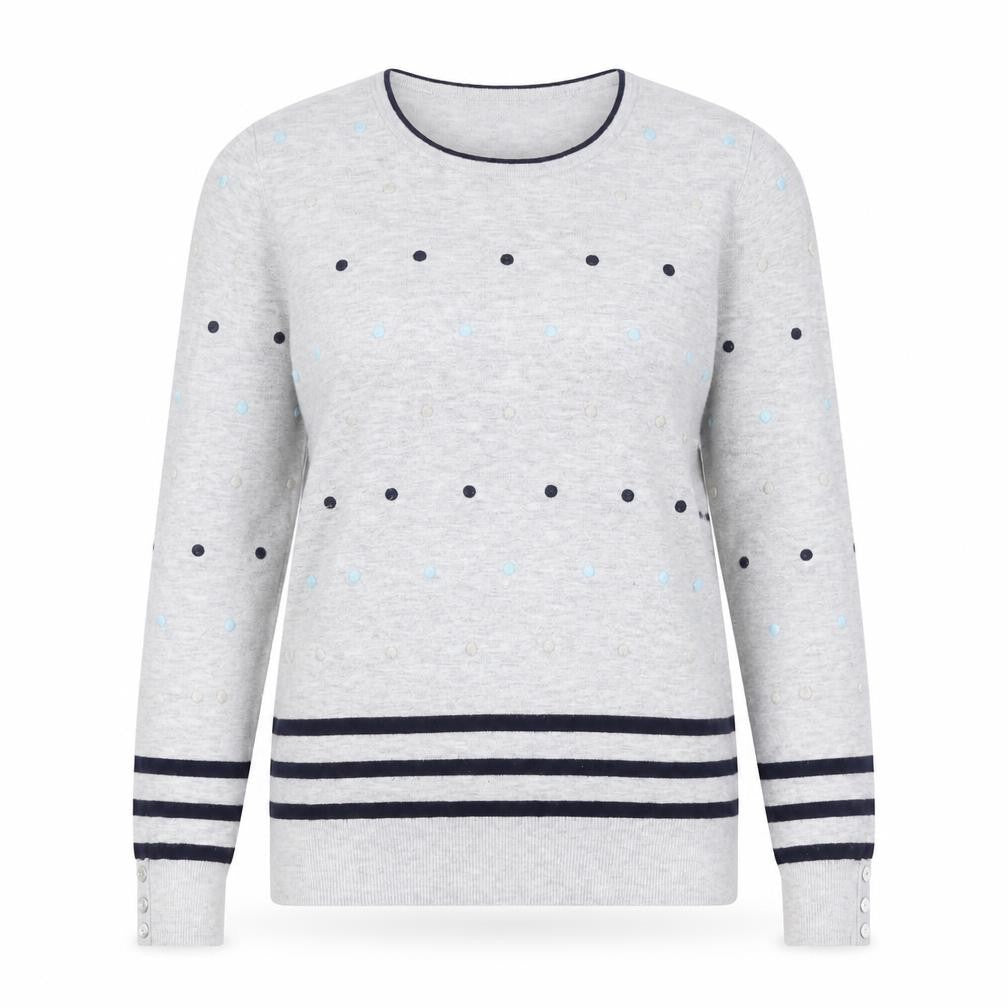 Front view of Laura Ashley Women's Grey Polka Dot Jersey Top, size 12