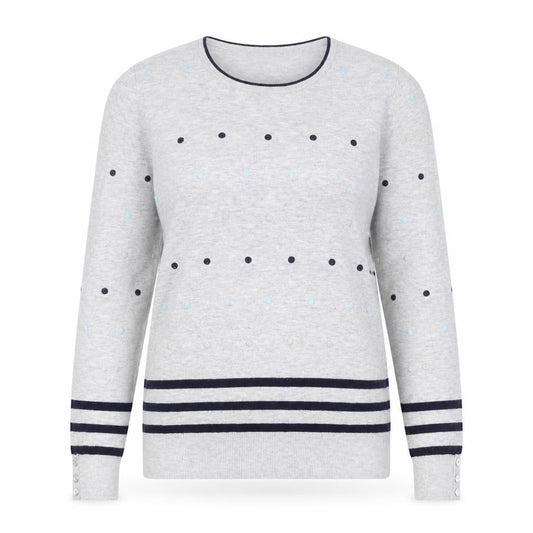 Front view of Laura Ashley Women's Grey Polka Dot Jersey Top, size 12