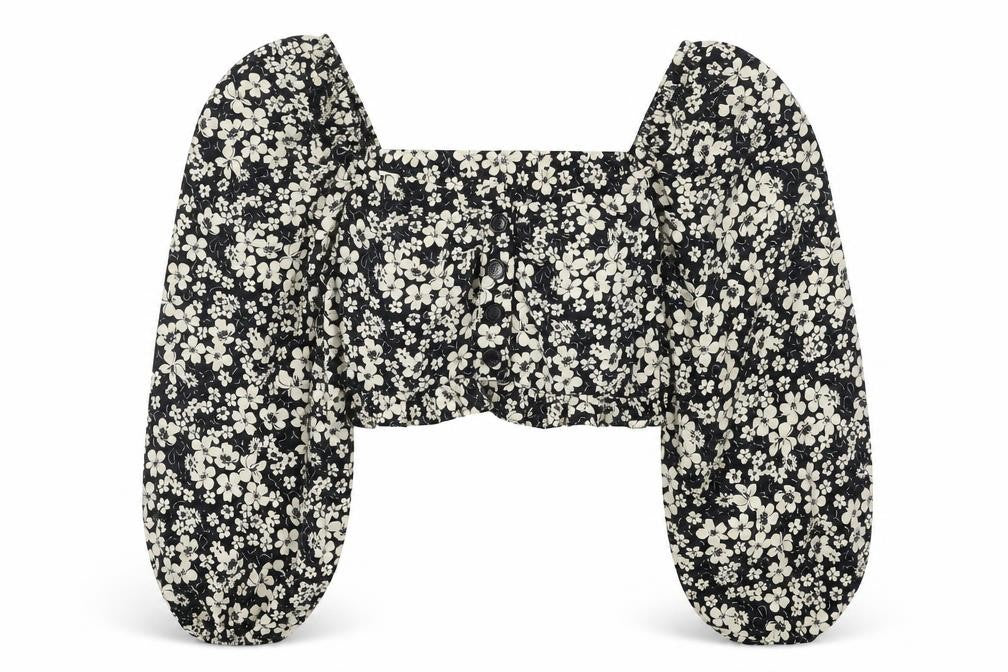 Front view of Topshop Women's Black Floral Cropped Blouse, size 10