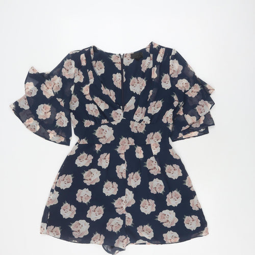 Topshop Women's Blue Floral Playsuit, Size 10, V-Neck, Ruffle