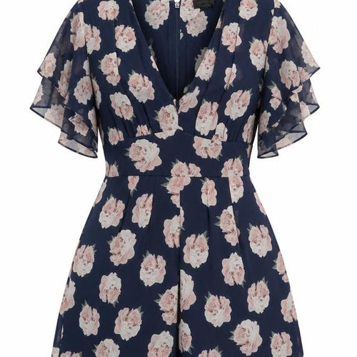 Topshop Women's Blue Floral Playsuit, Size 10, V-Neck, Ruffle