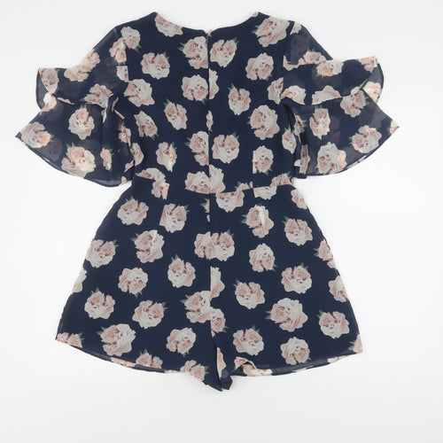 Topshop Women's Blue Floral Playsuit, Size 10, V-Neck, Ruffle