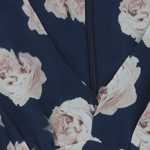 Topshop Women's Blue Floral Playsuit, Size 10, V-Neck, Ruffle