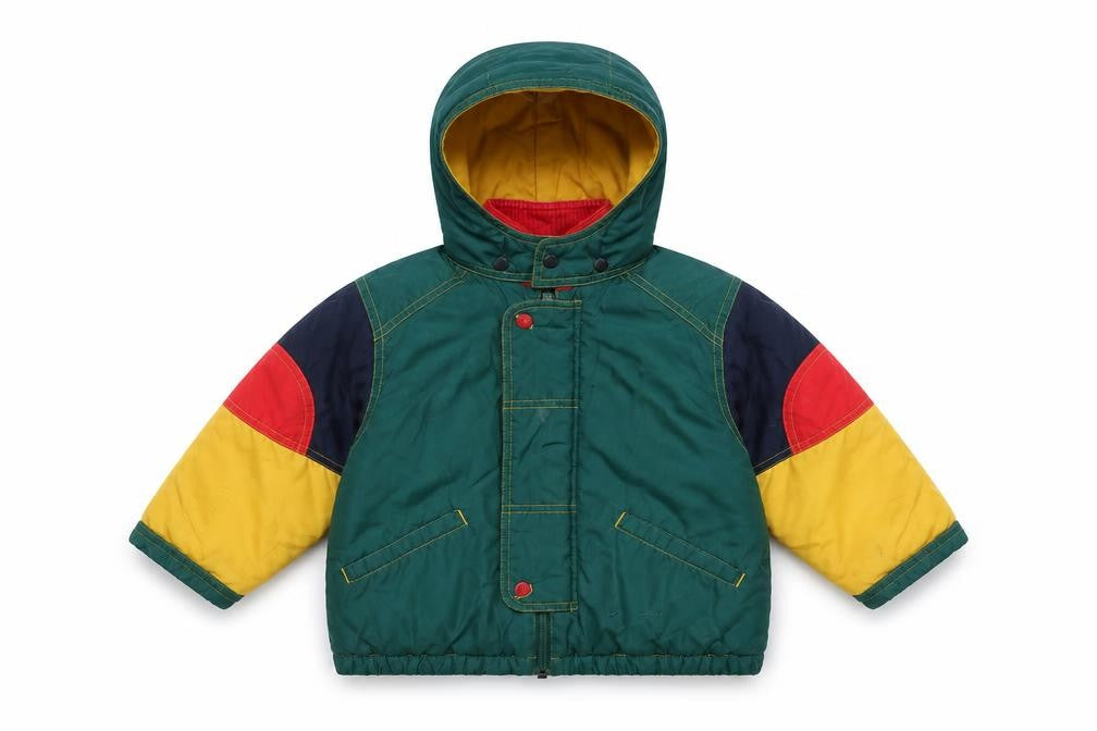 Front view of Marks & Spencer boys’ multicoloured hooded puffer jacket 20 months