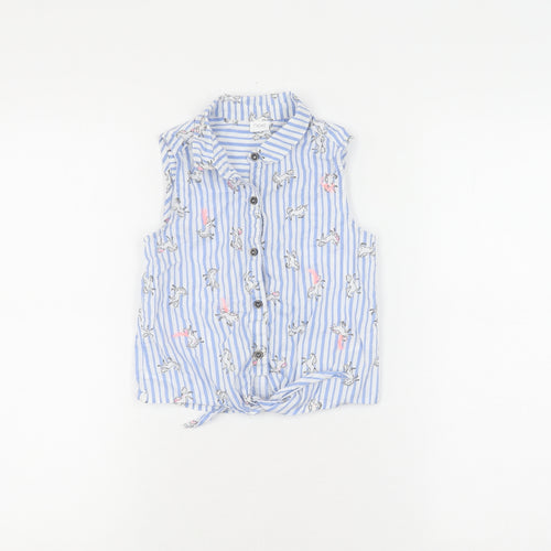 Next Girls Blue Unicorn Striped Button-Up Shirt 7 Years