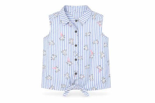 Front view of Next girls’ blue unicorn striped button-up shirt 7 years