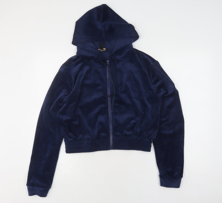 QED London Women's Blue Velvet Full Zip Hoodie L