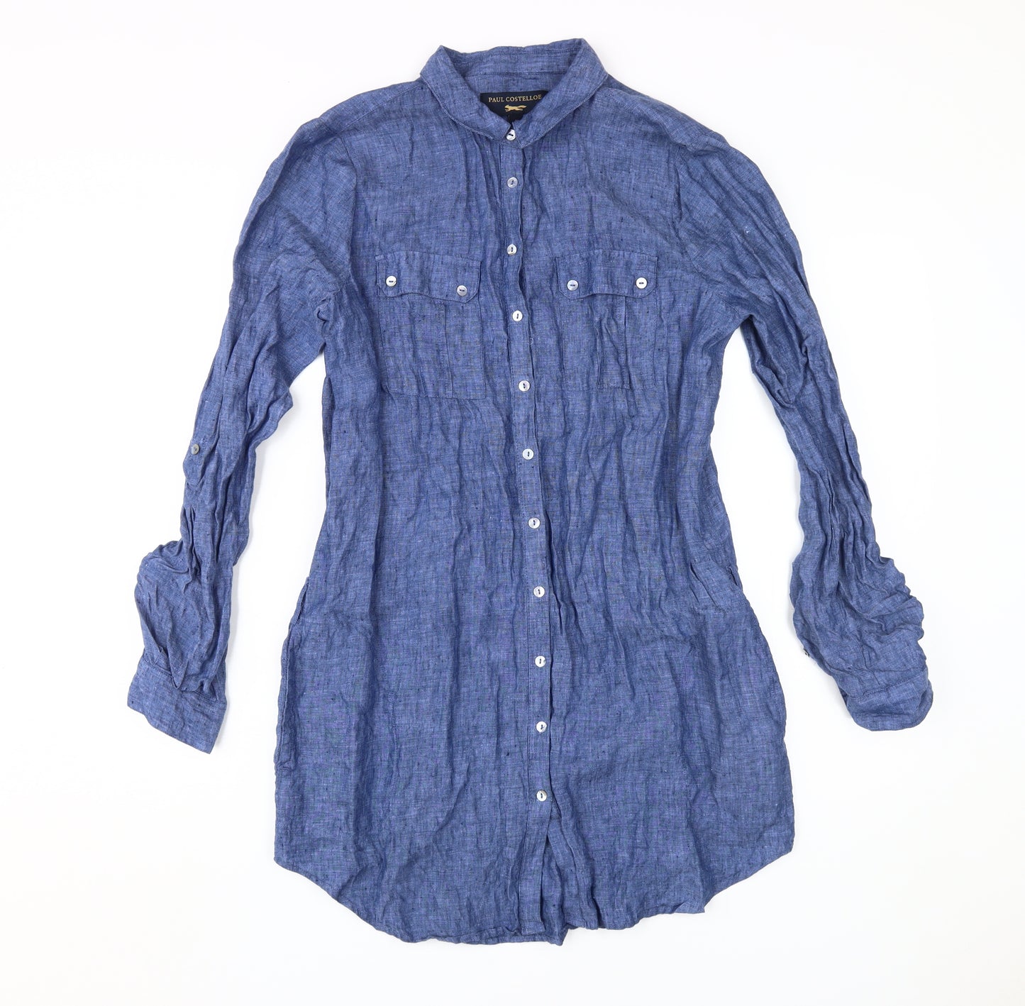 Paul Costelloe Women's Blue Linen Button-Up Shirt Size 12