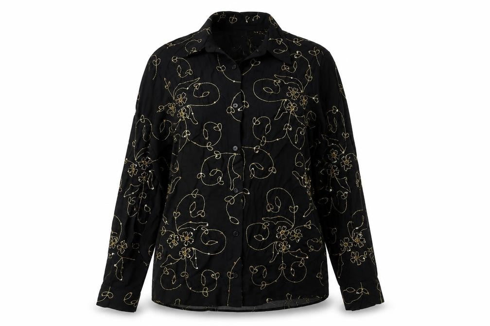 Front view of Alexon Women's Black Floral Blouse, size 14, Elegant
