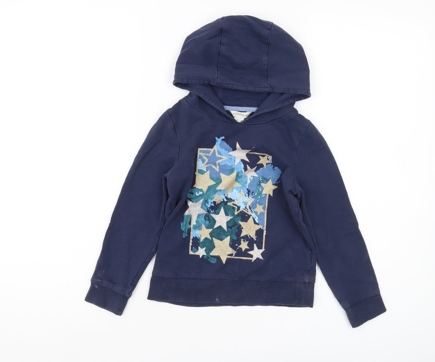Monsoon Boys Blue Pullover Hoodie, Stars, 5-6 Years, Glitter Accents
