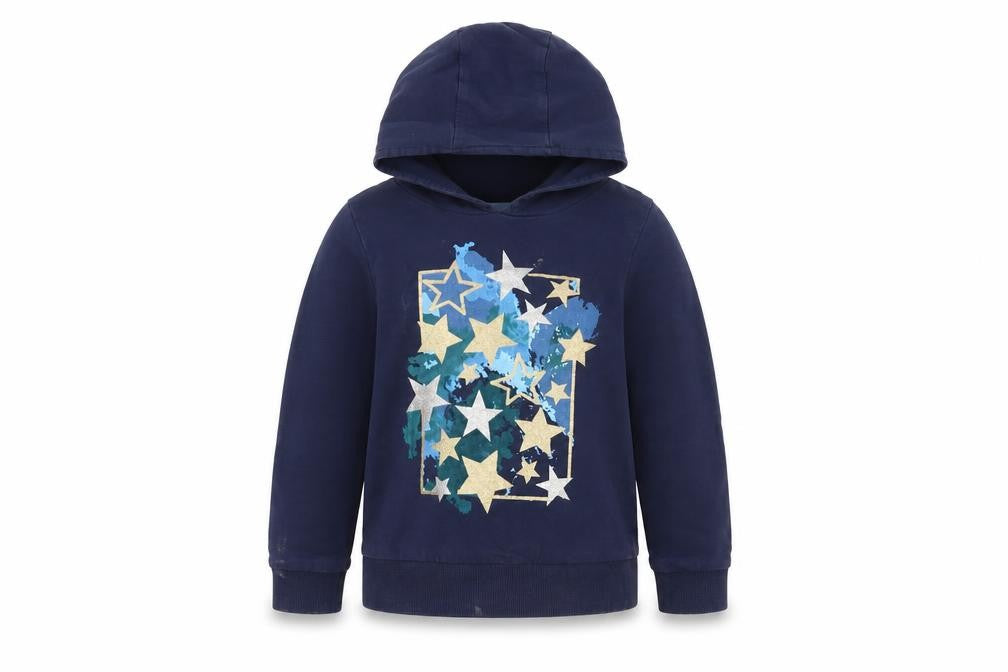 Monsoon Boys Blue Pullover Hoodie, Stars, 5-6 Years, Glitter Accents