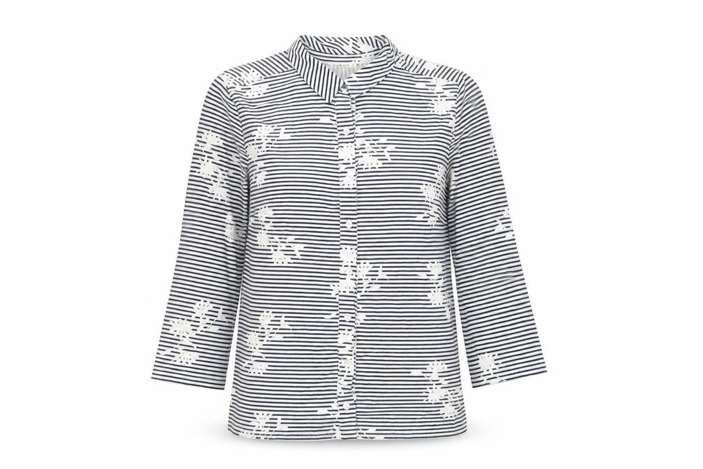 Front view of WoolOvers Women's Blue Striped Blouse, S, 3/4 Sleeve