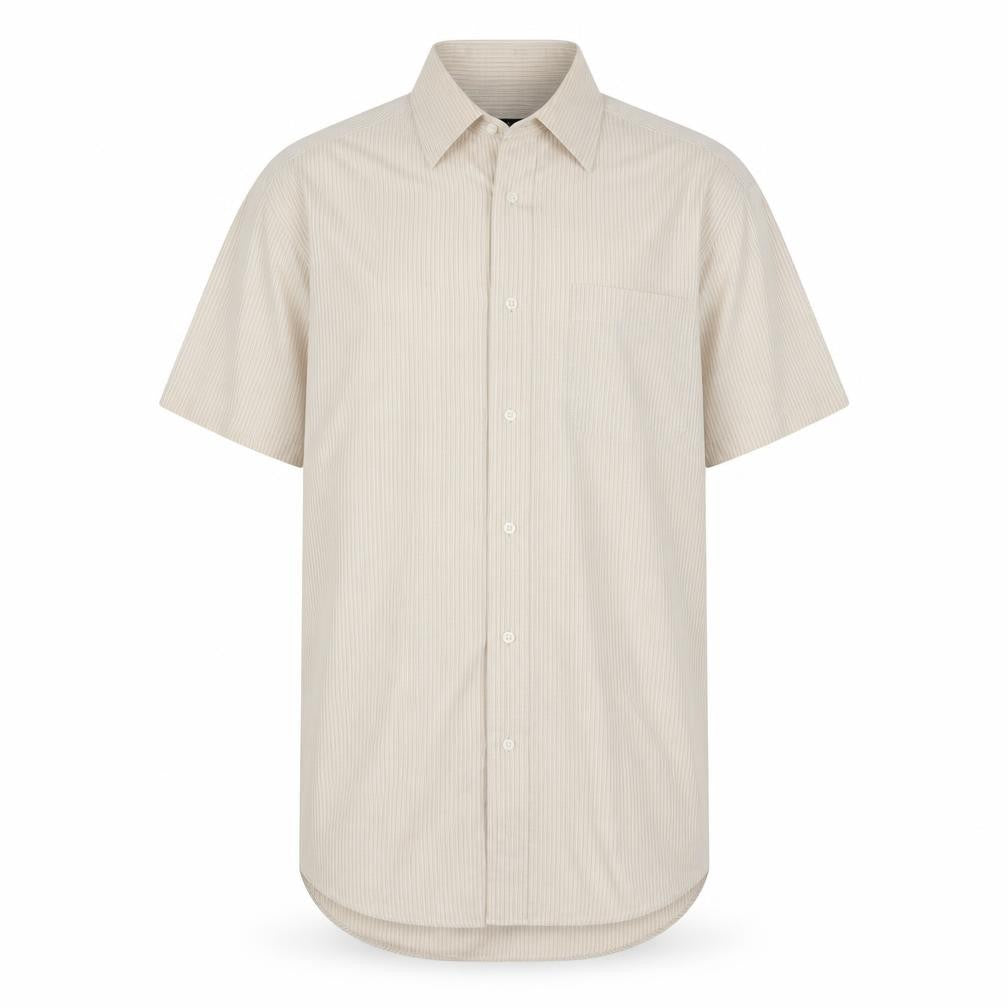 Front view of Thomas Nash Men's Beige Striped Cotton Shirt, size 14.5