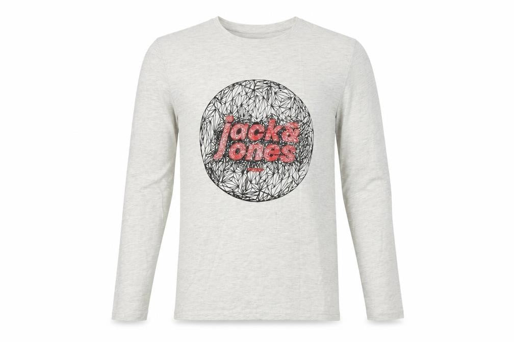 Front view of Jack & Jones Men’s Grey S T-Shirt, Long Sleeve, Crew Neck