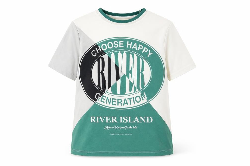 Front view of River Island boys’ white t-shirt, graphic print, 9-10 years