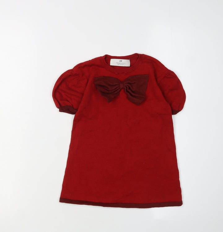 H&M Red Cotton Girls T-Shirt with Bow, Size 2 Years